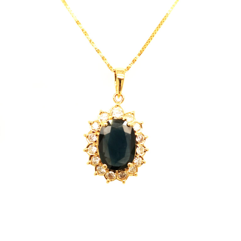 18K Yellow Gold Diamond Blue Sapphire Pendant