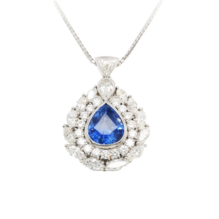 18K White Gold Diamond Blue Sapphire Pendant