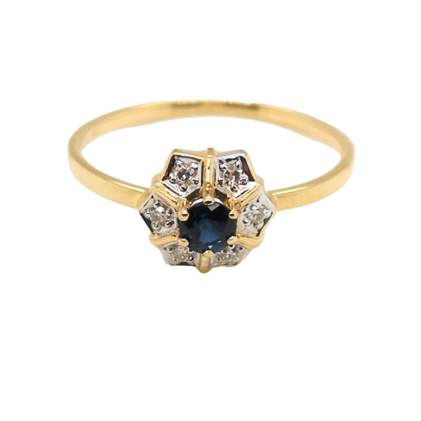 18K Yellow Gold Diamond Blue Sapphire Two Tone Ring
