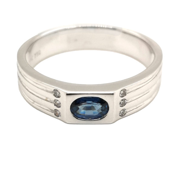 18K White Gold Blue Sapphire Diamond Men's Ring