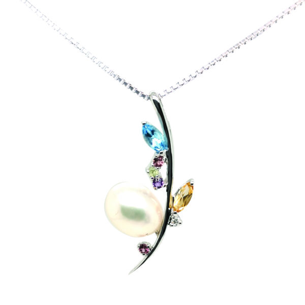 18K White Gold Pearl/Semi Precious Stone/Diamond Pendant