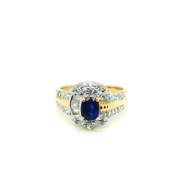 18K Yellow Gold Blue Sapphire Diamond Ring