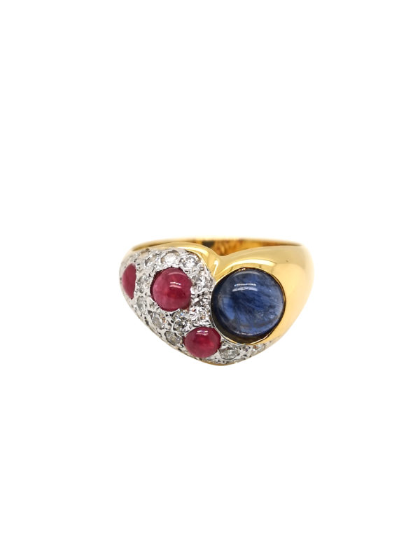 18K Yellow Gold Ruby/Blue Sapphire Diamond Ring