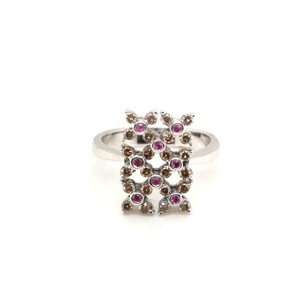 18K White Gold Brown Diamond Pink Sapphire Ring