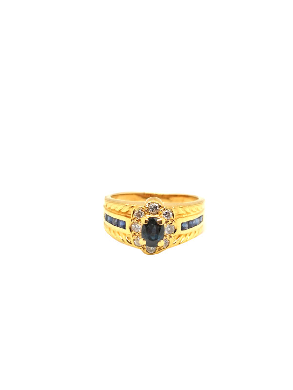 20K Yellow Gold Blue Sapphire Diamond Ring