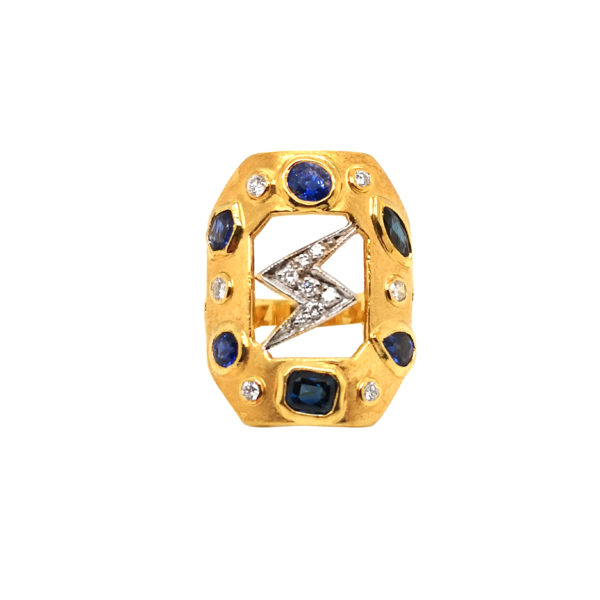 22K Yellow Gold Blue Sapphire Diamond Ring